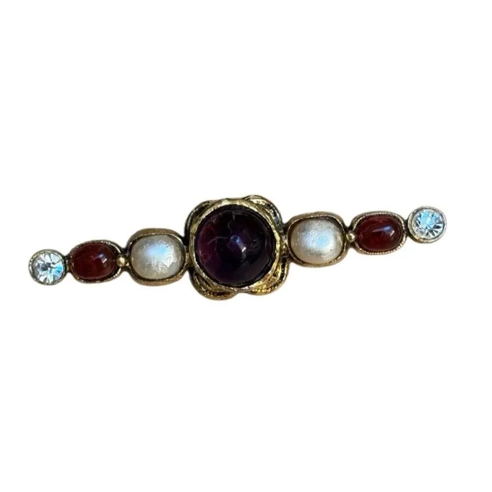 Vintage 1985 Chanel Gripoix Glass Rhinestone Faux Pearl Brooch Pin